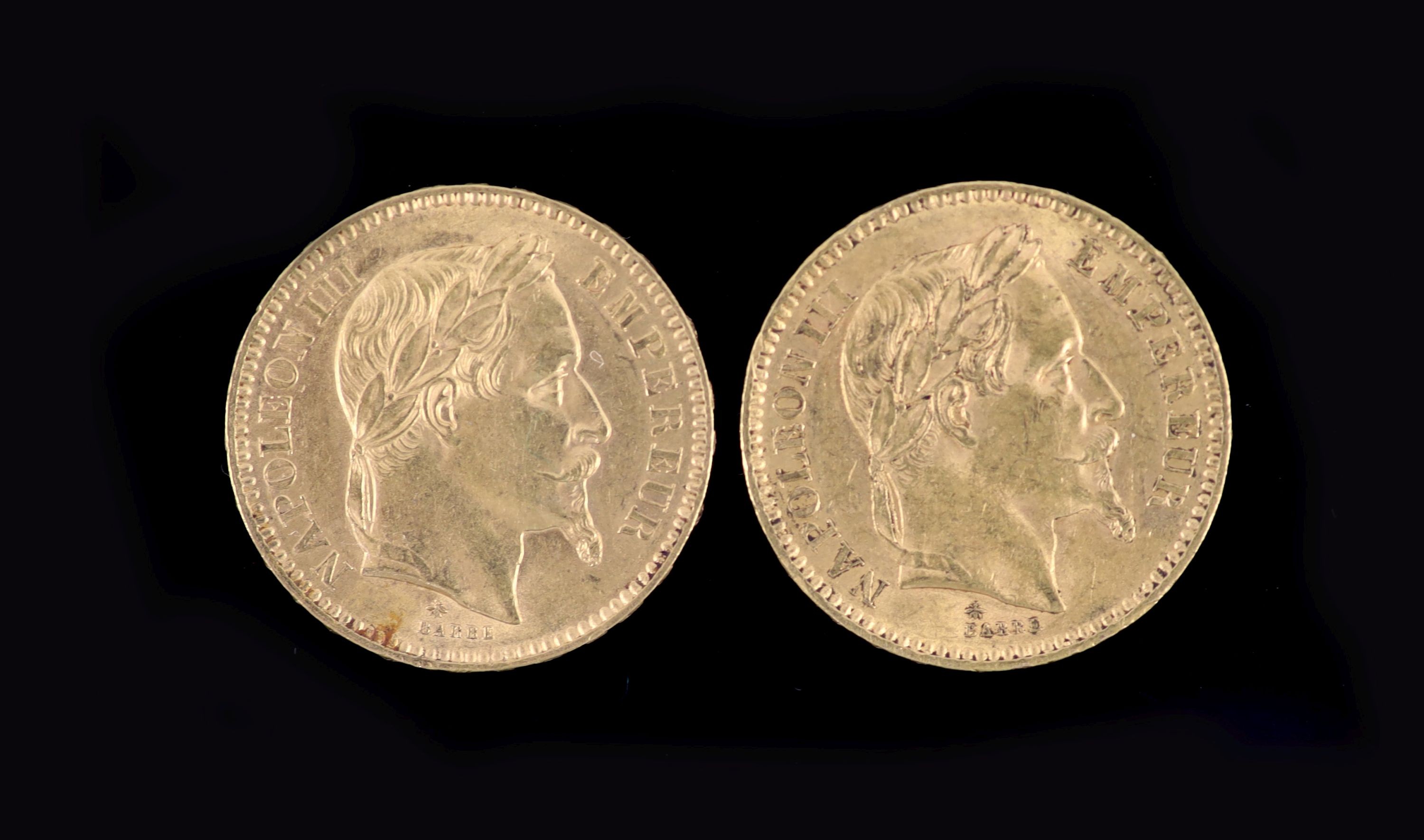 France coins, two Napoleon III gold 20 francs, 1864A, VF and 1866A, VF